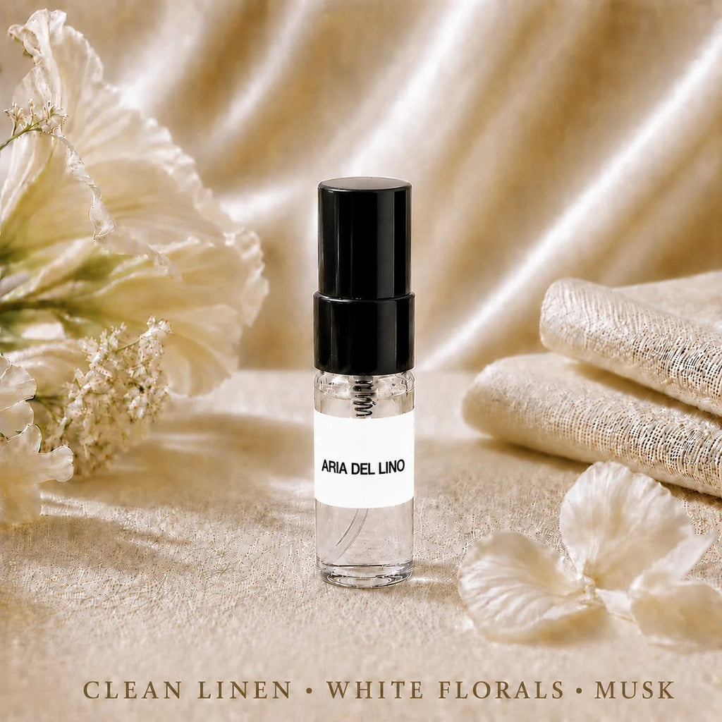 SOVRAI Aria del Lino 2 mL extrait de parfum sample vial with clean linen and white florals.