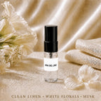 SOVRAI Aria del Lino 2 mL extrait de parfum sample vial with clean linen and white florals.