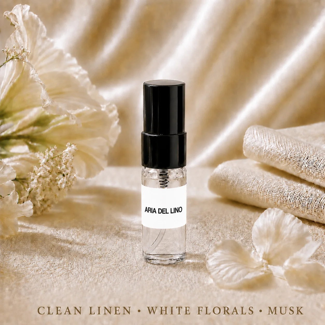 SOVRAI Aria del Lino 2 mL extrait de parfum sample vial with clean linen and white florals.