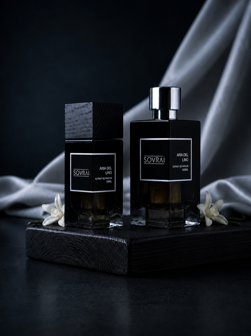 Aria del Lino by SOVRAI clean linen extrait de parfum bottle set with white flowers