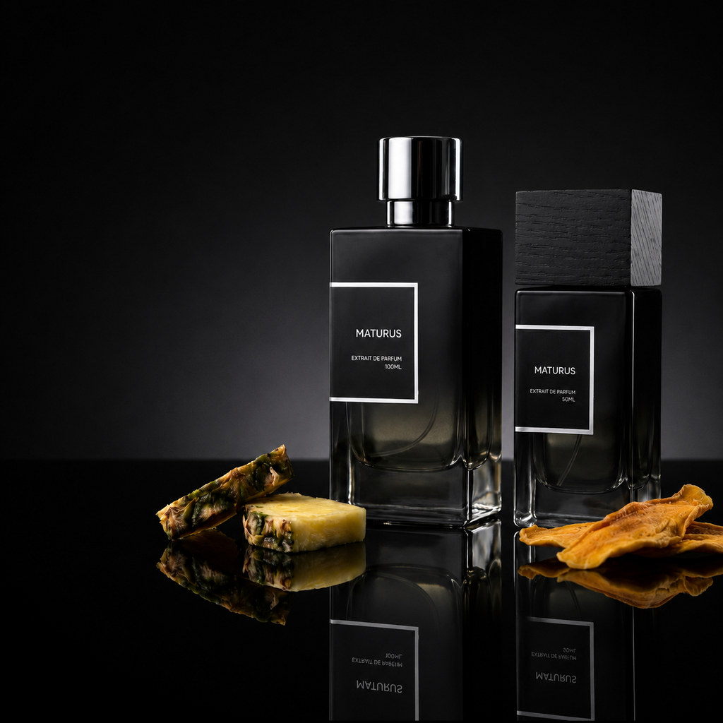 Maturus perfume bottles in 50ML and 100ML sizes on a reflective black surface with pineapple and dried mango accents.