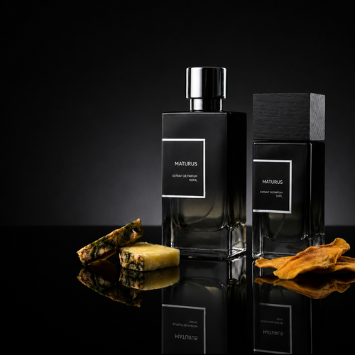 Maturus perfume bottles in 50ML and 100ML sizes on a reflective black surface with pineapple and dried mango accents.