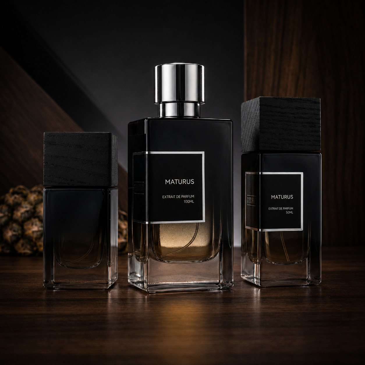 Three Maturus perfume bottles in 30ML, 50ML, and 100ML sizes on a dark wooden surface with warm lighting and pineapple detail in the background.