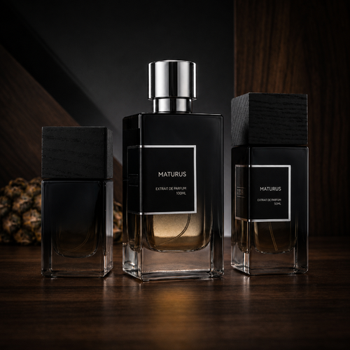 Three Maturus perfume bottles in 30ML, 50ML, and 100ML sizes on a dark wooden surface with warm lighting and pineapple detail in the background.