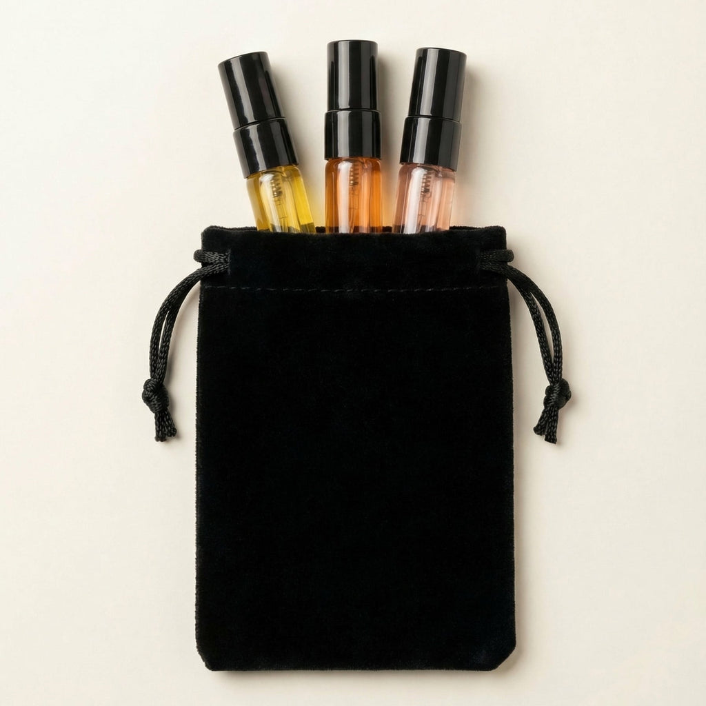 SOVRAI 2 mL perfume sample set with three fragrance samples and black pouch
