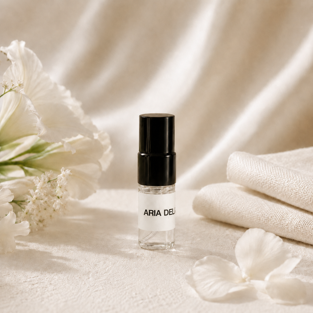 SOVRAI Aria del Lino perfume sample vial displayed with white flowers and soft linen fabric, highlighting a clean floral extrait de parfum.