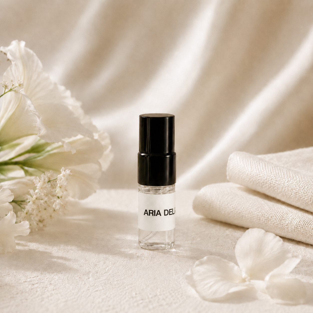 SOVRAI Aria del Lino perfume sample vial displayed with white flowers and soft linen fabric, highlighting a clean floral extrait de parfum.
