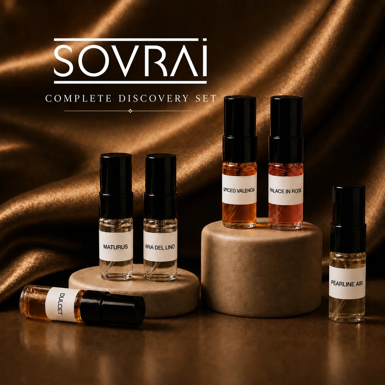 Sovrai Complete Discovery Set 2 mL perfume sample vials on luxurious brown satin fabric