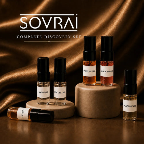 Sovrai Complete Discovery Set 2 mL perfume sample vials on luxurious brown satin fabric