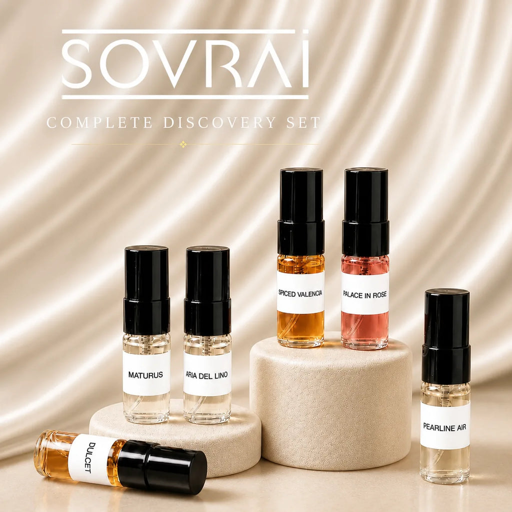 SOVRAI Complete Discovery Set with six 2 mL extrait de parfum sample vials on brown satin pedestals.
