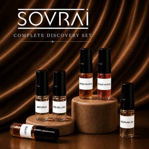 SOVRAI Complete Discovery Set with six 2 mL extrait de parfum sample vials on brown satin pedestals.