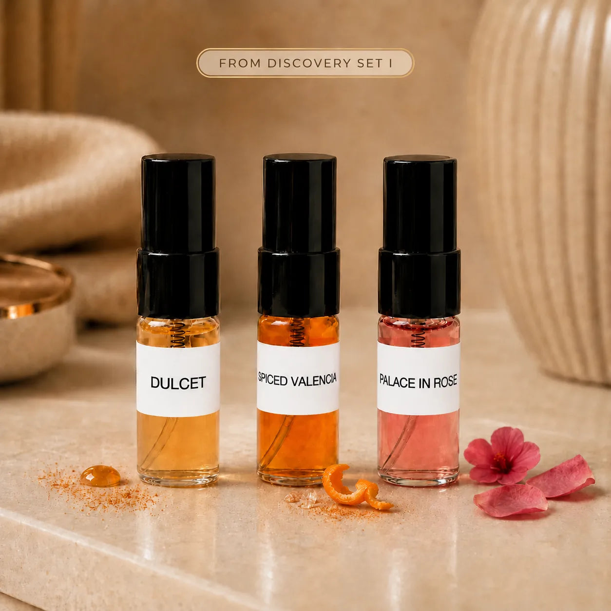 Sovrai Discovery Set I with Dulcet, Spiced Valencia, and Palace in Rose 2 mL perfume sample vials