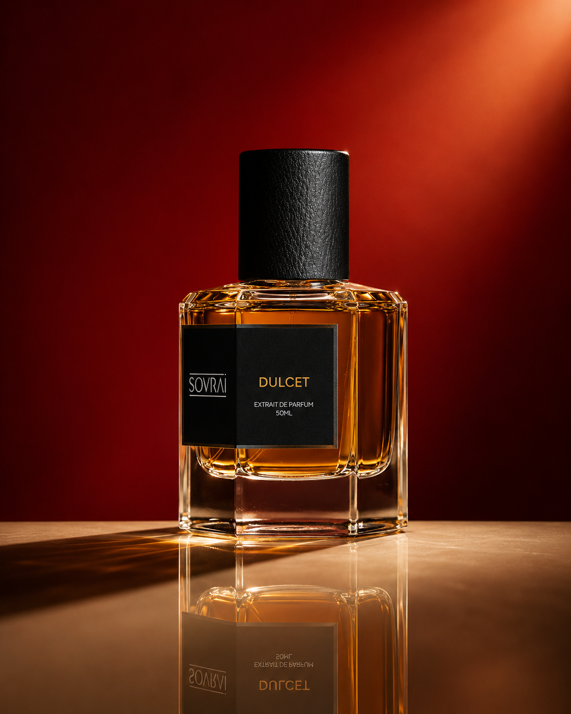 SOVRAI Dulcet extrait de parfum bottle with amber liquid on a warm reflective studio background