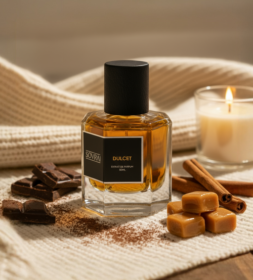 SOVRAI Dulcet extrait de parfum bottle with chocolate, caramel, cinnamon and candle