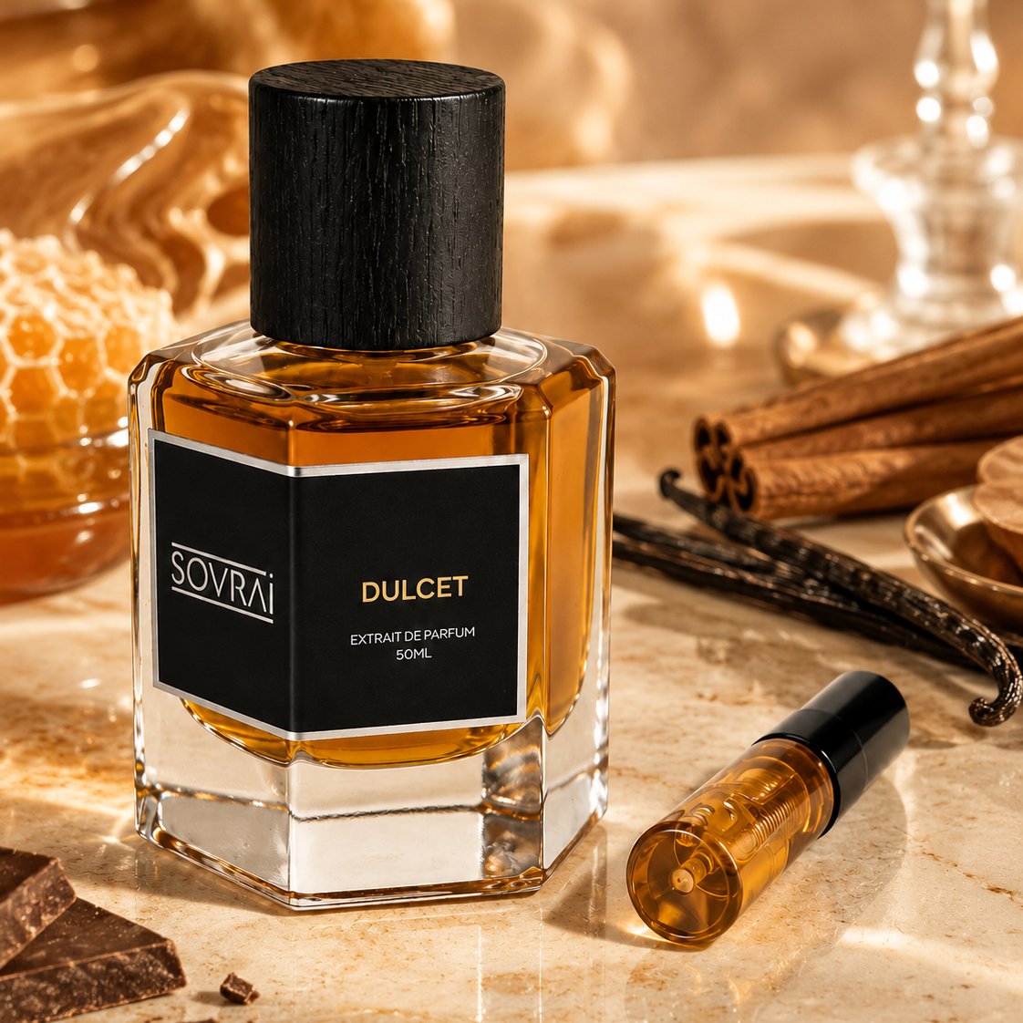 SOVRAI Dulcet extrait de parfum bottle with matching sample vial in a warm gourmand setting with vanilla, cinnamon, honey, and cacao