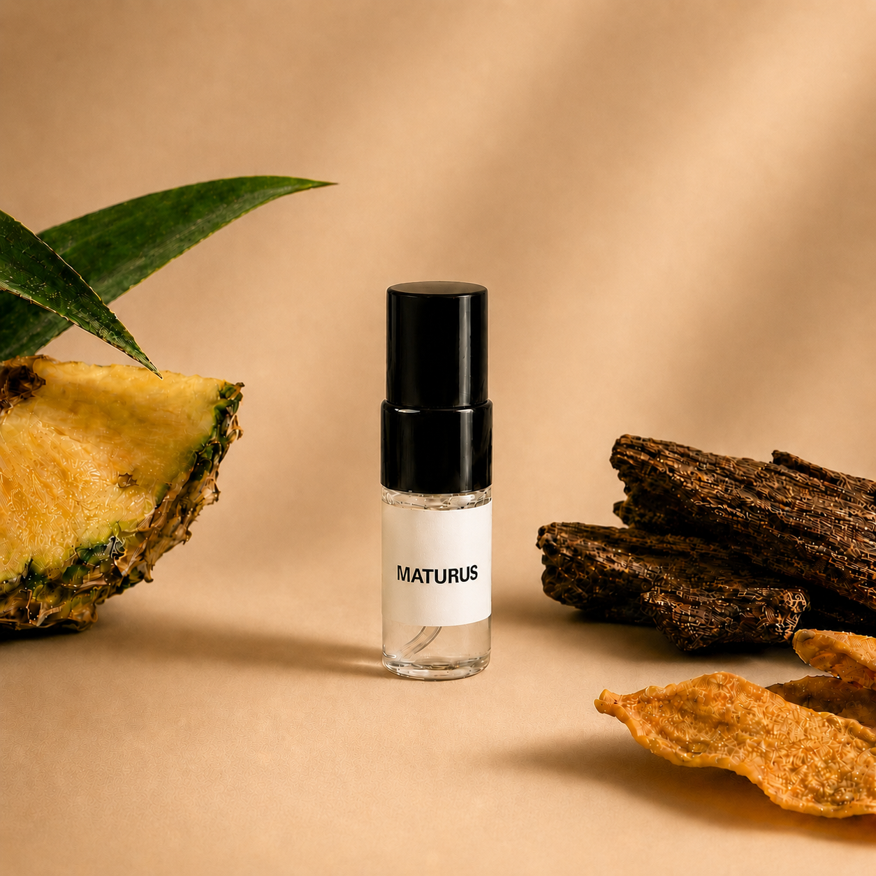 SOVRAI Maturus perfume sample vial displayed with pineapple, dried mango, and textured woods, highlighting a fruity woody extrait de parfum.