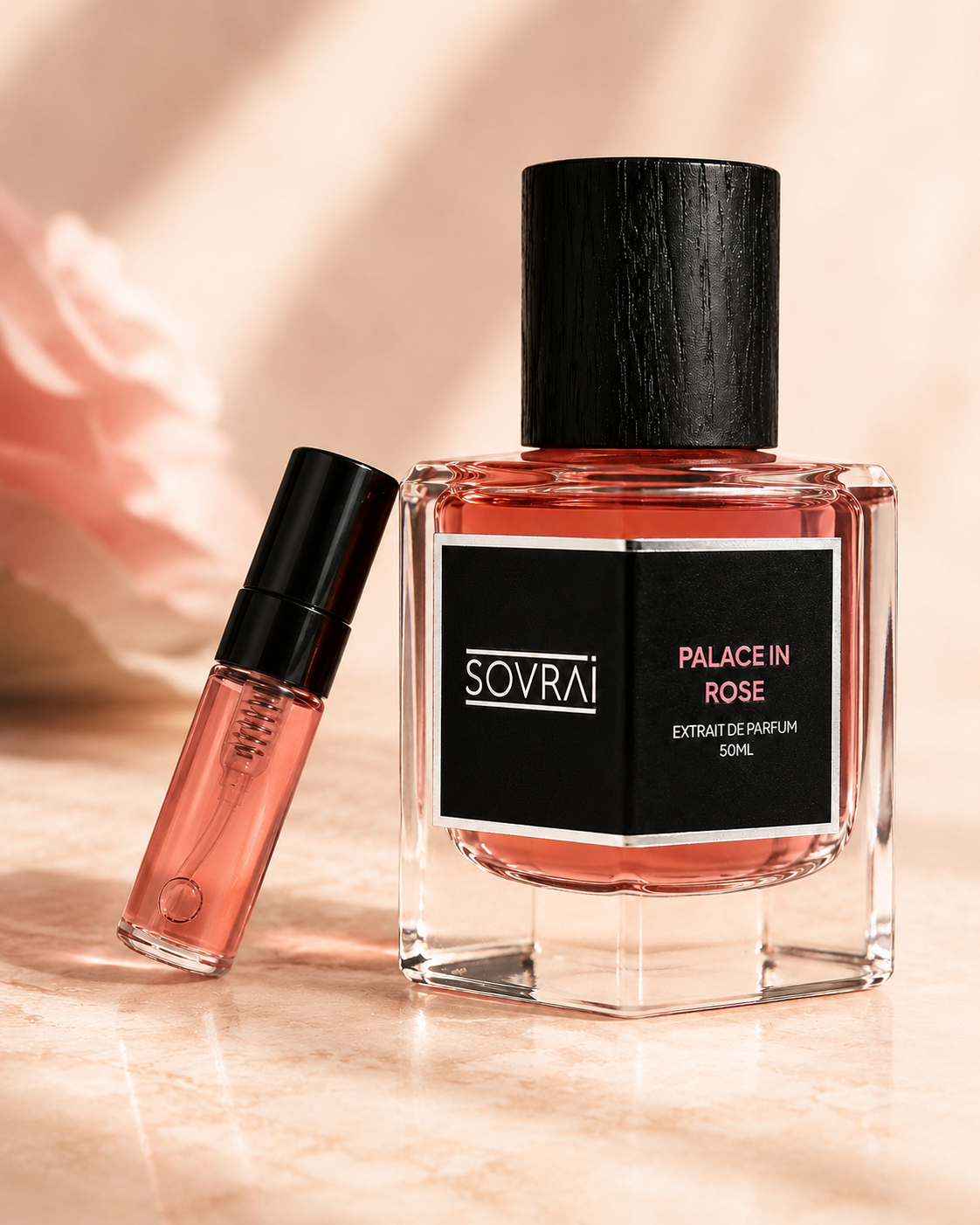 SOVRAI Palace in Rose extrait de parfum with pink perfume sample vial on a luxury blush-toned background