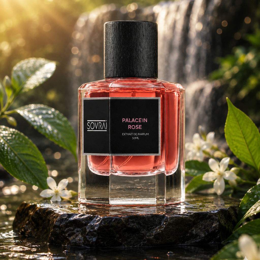 SOVRAI Palace in Rose extrait de parfum bottle in a botanical waterfall setting