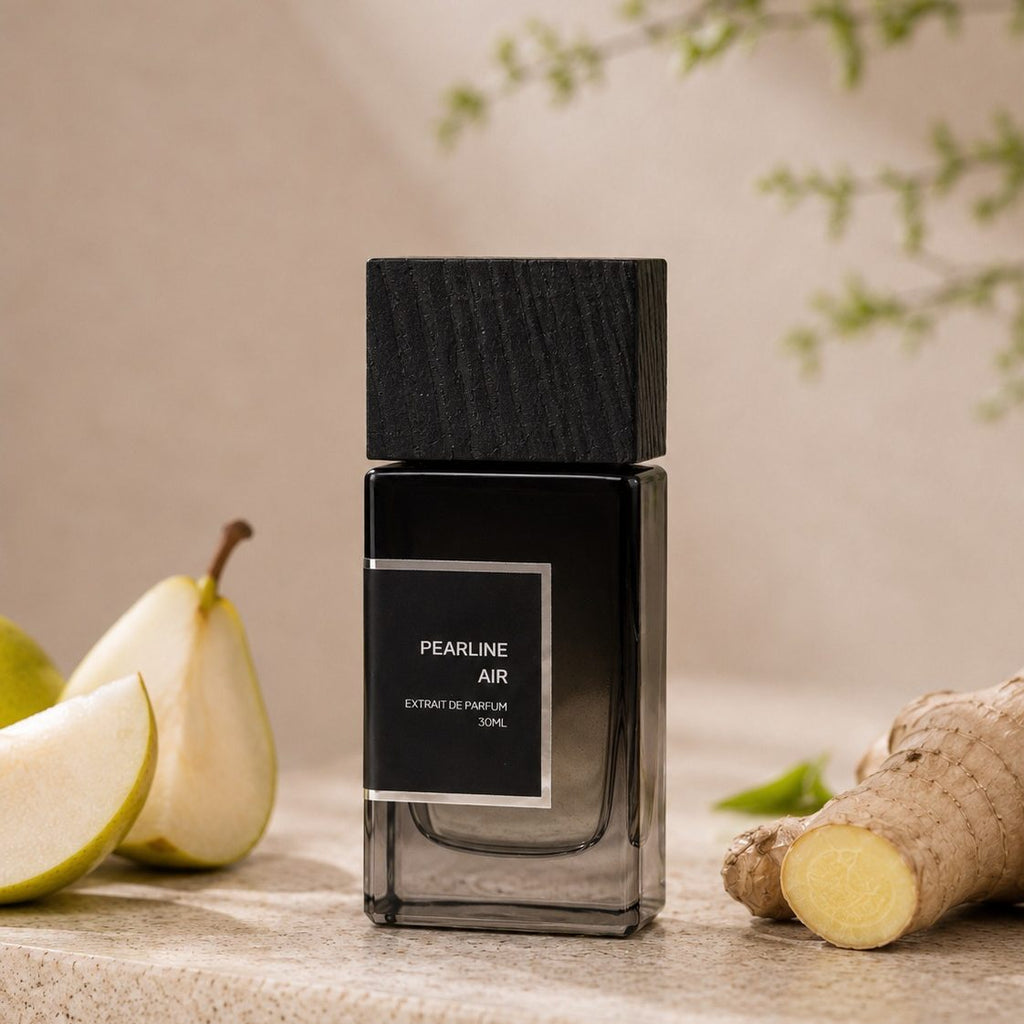 SOVRAI Pearline Air 30 mL extrait de parfum bottle with pear and ginger on a warm neutral studio background.