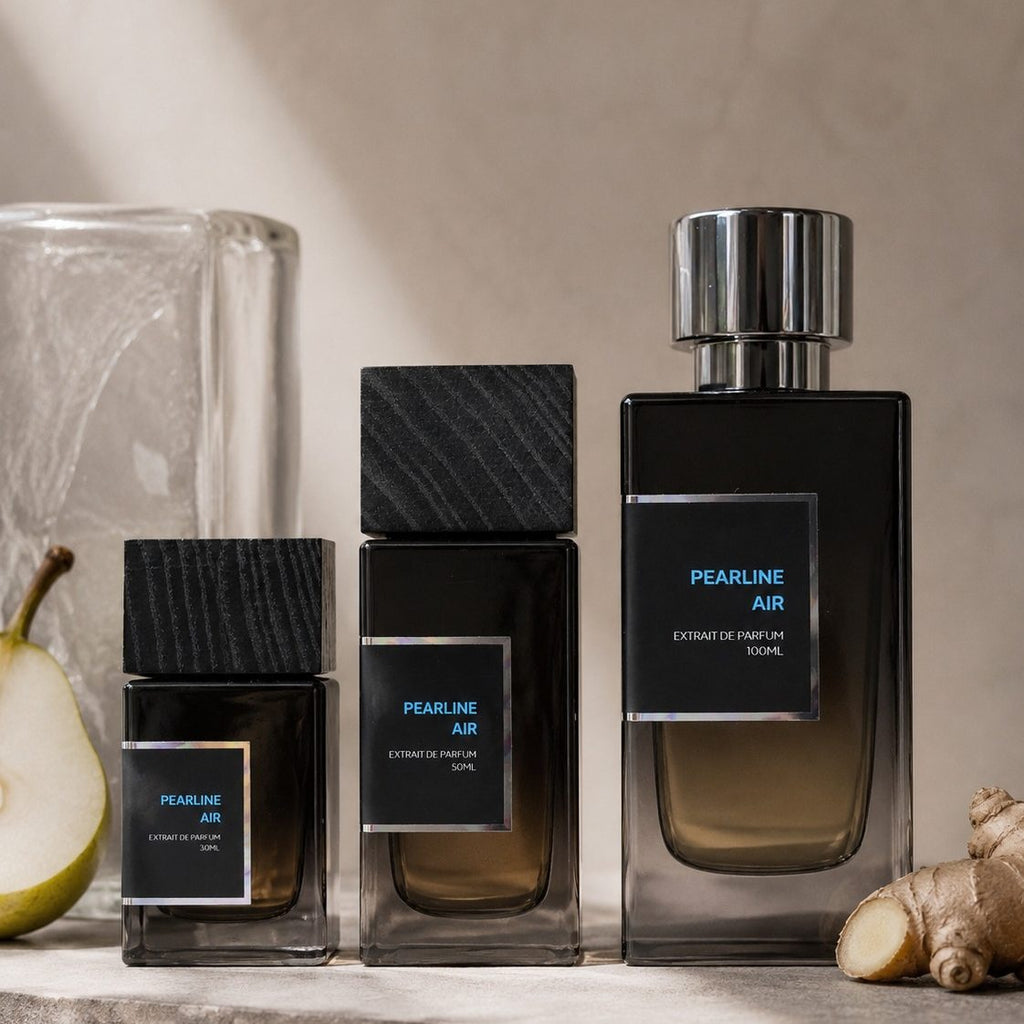 SOVRAI Pearline Air perfume bottles in 30 mL, 50 mL and 100 mL with pear and ginger on a neutral studio background.