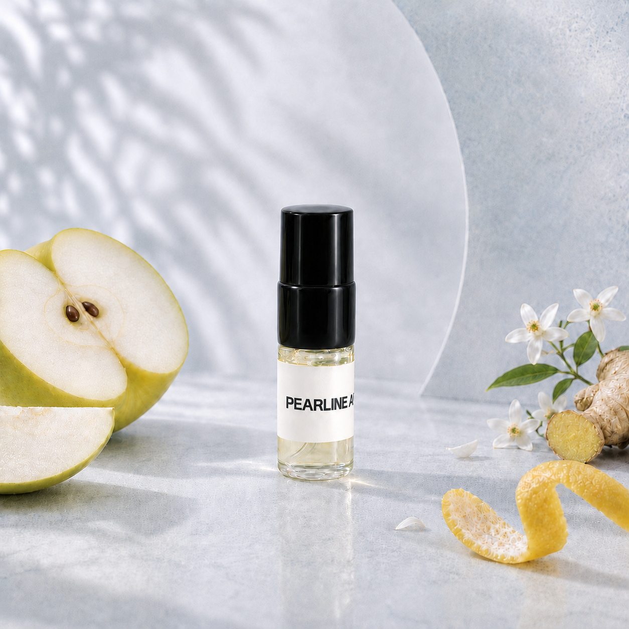 SOVRAI Pearline Air perfume sample vial displayed with pear, ginger, orange peel, and white florals, highlighting a clean airy extrait de parfum.