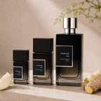 SOVRAI Pearline Air perfume size lineup with 30 mL, 50 mL and 100 mL extrait de parfum bottles beside pear and ginger on a warm neutral studio background.