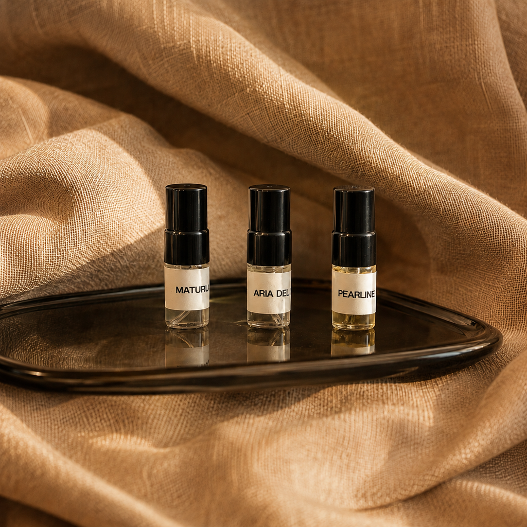 SOVRAI perfume discovery set featuring Maturus, Aria Del Lino, and Pearline Air fragrance samples.