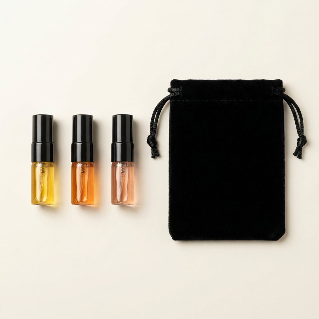 SOVRAI perfume sample set with 2 mL fragrance samples in black pouch