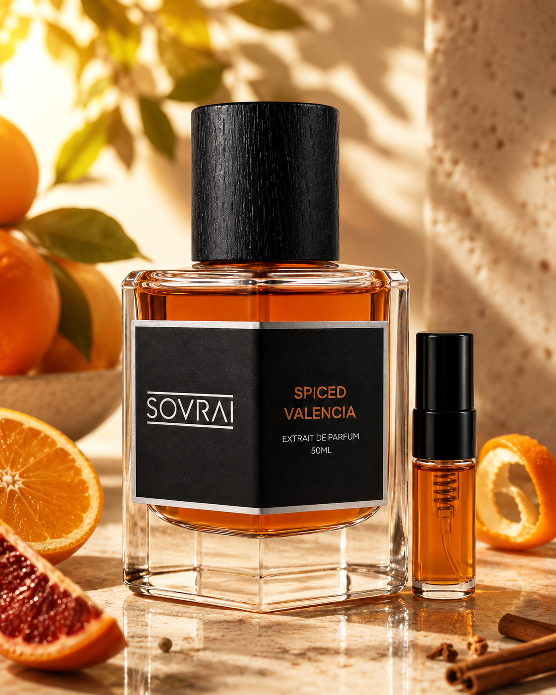 SOVRAI Spiced Valencia extrait de parfum bottle with sample vial surrounded by oranges, citrus peel, cinnamon, and warm golden light